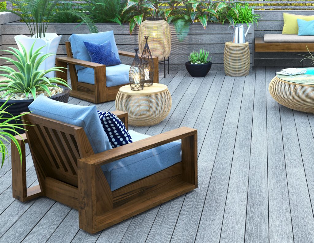 an outdoor balcony seating area with timber-like flooring called zerodeck